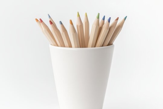 Colorful wooden pencils in white cup on minimalist white background - Powered by Adobe
