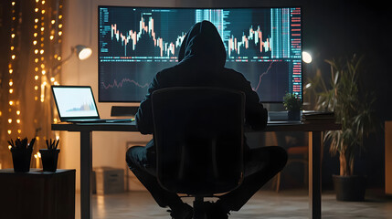 Fototapeta premium フードをかぶったハッカーが暗号チャートを前に取引するサイバー犯罪のイメージ