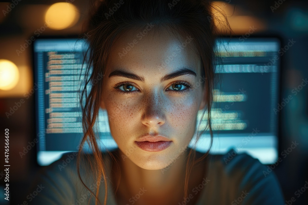 Leinwandbilder a young woman with freckles intensely stares at a computer screen filled with lines of code, illumin