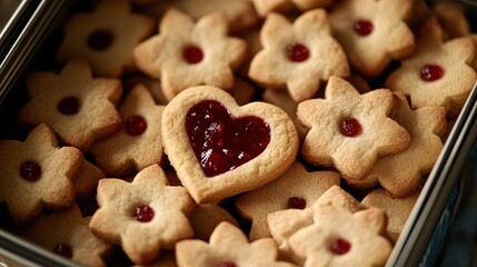 Heart-shaped cookies with a red jam filling in a metal tin.