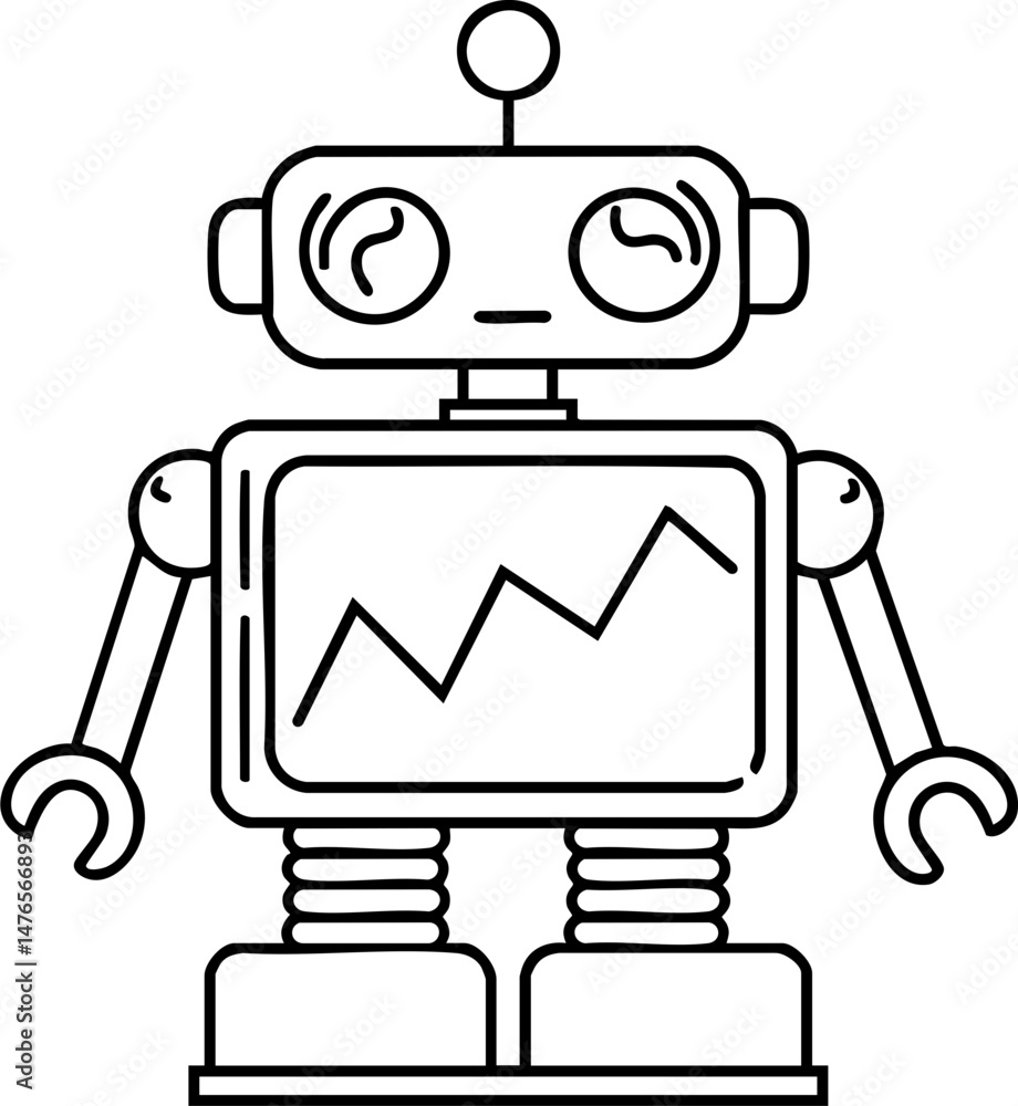Poster a cute robot with a graph on its screen, drawn in a simple black and white line art style.