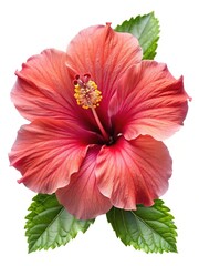 Beautiful macro shot of a single pink hibiscus flower with green leaves