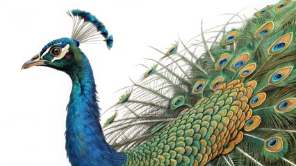 Fototapeta premium Profile of a Peacock Vibrant Feathers, Detailed Composition, Bird Portrait, peacock, bird