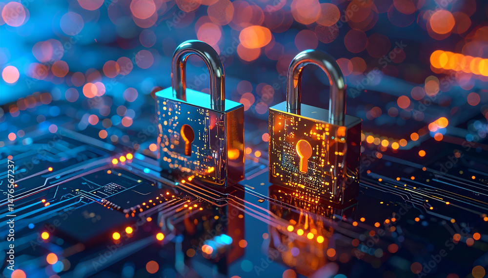 Poster digital locks on a circuit board symbolize cybersecurity and technology, showcasing a blend of secur