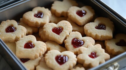 Heart-shaped cookies with a red jam filling in a metal tin.