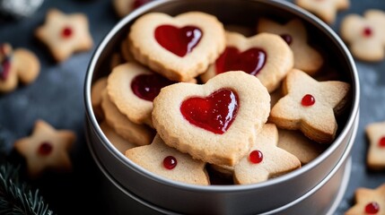 Heart-shaped cookies with a red jam filling in a metal tin.