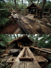 Ancient Wooden Grain Mill in Rustic Forest Hut