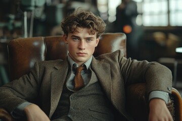 A young man in a tweed suit sits in a leather armchair, exuding sophistication and classic style.