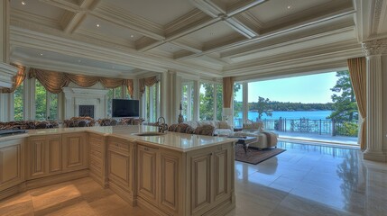 Spacious lakefront kitchen with grand interior design.