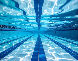 Obraz premium Beneath the surface, a serene swimming pool glimmers with reflections, showcasing clear blue water and tiled lanes that stretch into the distance