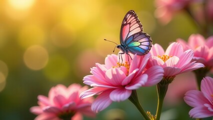 A vibrant butterfly with iridescent wings delicately rests on a soft pink flower, bathed in the warm glow of the setting sun, creating a serene and enchanting natural scene.