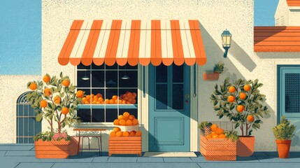 Obraz premium Mediterranean fruit shop storefront, vibrant colors, sunny day