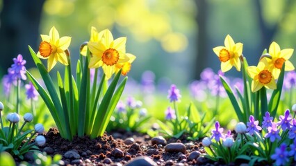 Springtime Daffodils and Delicate Purple Flowers Blooming in a Vibrant Garden Setting