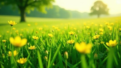 A sunlit meadow of vibrant yellow wildflowers blooming in lush green grass, a tranquil pastoral scene