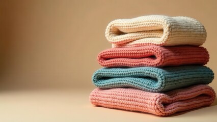 A Stack of Soft Knitted Garments in Pastel Hues, Folded Neatly, Displaying Textures and Colors