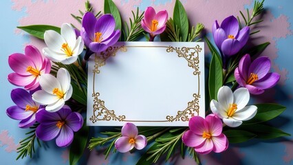 Elegant floral arrangement with blank card featuring ornate gold border and various colored crocuses