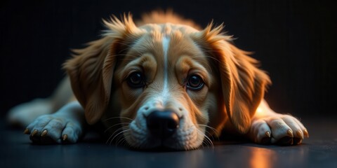 A heartwarming portrait of a young canine, exhibiting gentle eyes and a relaxed posture, resting peacefully on a dark surface