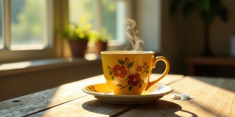 A steaming cup of tea, adorned with a floral design, sits on a rustic wooden table, bathed in warm sunlight filtering through a nearby window.