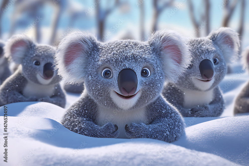 Poster playful koalas enjoying a snowy landscape with trees in the background, creating a whimsical scene