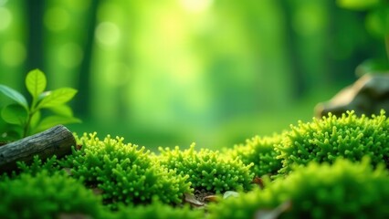 Vibrant Green Moss in a Sunlit Forest Clearing, Showing Lush Nature and Detailed Plant Life