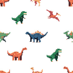 Pixelated dinosaurs vector cartoon seamless pattern on a white background.