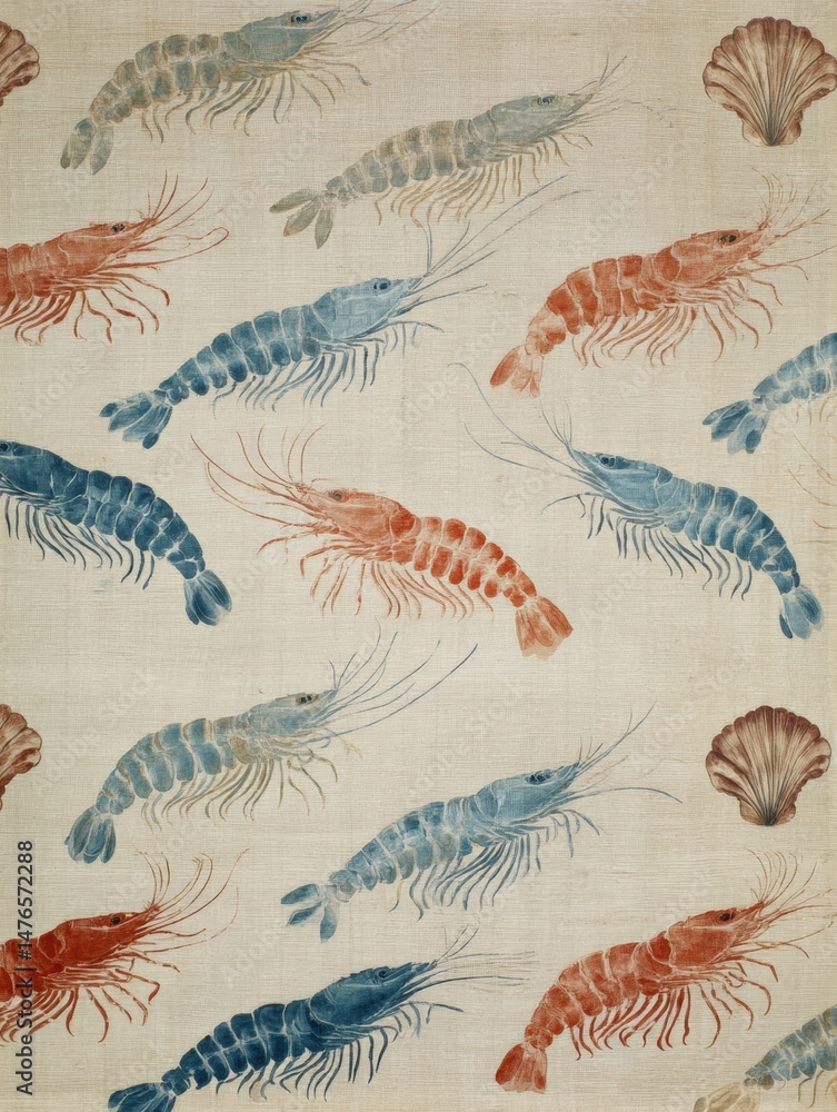 Poster Decorative Pattern Featuring Shrimp and Mussels With a Faded Center, Showcasing Vibrant Colors and Intricate Details in Aquatic Design