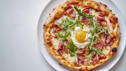A small pizza with cheese and herbs on a white background.