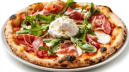A small pizza with cheese and herbs on a white background.