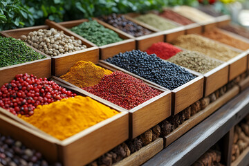 Vibrant Spice Variety Display in Wooden Boxes for Culinary Inspiration and Decor Design