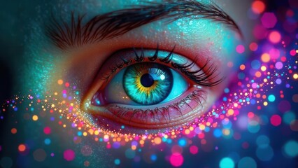 A Close-Up View of a Vividly Colored Eye Surrounded by a Trail of Sparkling Lights