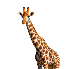 Fototapeta premium Graceful Giraffe Portrait: A solitary giraffe, with its unique spotted coat and incredibly long neck, stands tall in a captivating portrait, offering a glimpse into its majestic presence.