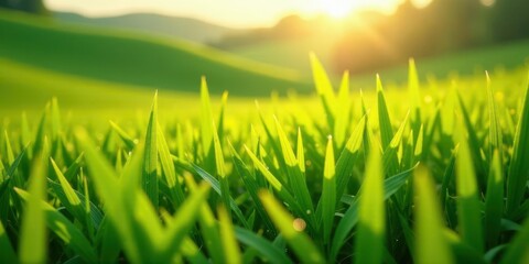 Vibrant Green Blades of Grass Illuminated by Warm Sunlight in a Rolling Meadow Landscape