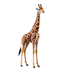 Naklejka premium Majestic Giraffe Stands Tall: A tall, elegant giraffe stands poised, its distinctive patterned coat and long neck showcased against a clean backdrop, embodying the beauty of the African savannah.