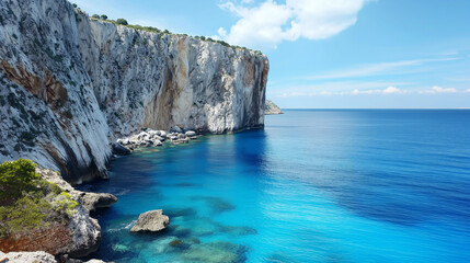 Fototapeta premium Stunning coastal cliffside with crystal-clear turquoise water under a bright blue sky
