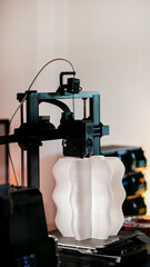Intricate 3D printer crafting undulating sculpture, echoing waves of innovation, Festivus spirit,...