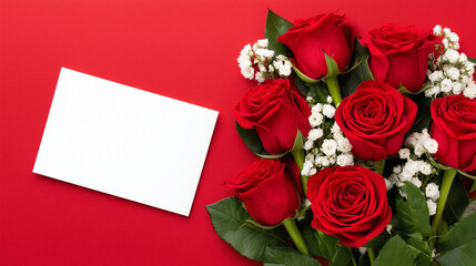 Romantic bouquet of red roses with baby’s breath and blank card on vibrant red background for love messages