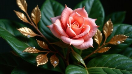 A delicate coral rose adorned with gilded leaves and lustrous pearls, nestled amongst lush green foliage, creates a breathtaking still life.
