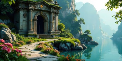 Serene Lakeside Temple A Pathway to Tranquility Amidst Majestic Mountains and Lush Greenery