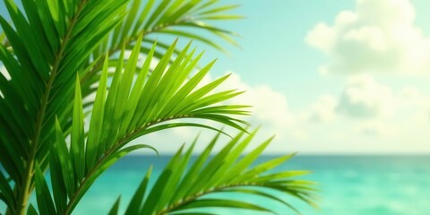 Vibrant Green Palm Fronds Framing a Serene Ocean Vista Under a Summer Sky
