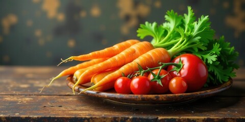 A Rustic Still Life Featuring Freshly Harvested Carrots, Tomatoes, and Vibrant Green Herbs on a Weathered Wooden Surface