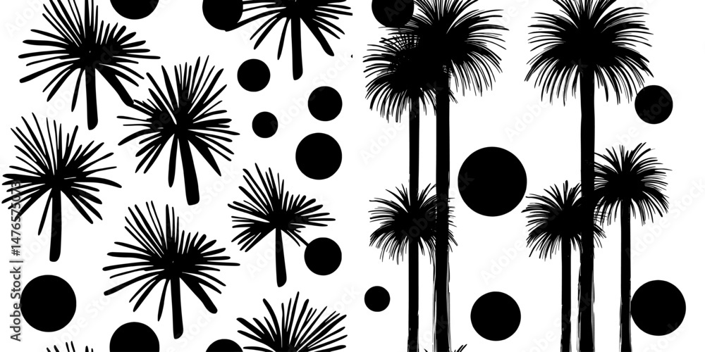 Poster ink brush elements of abstract natural palm are combined to create a seamless pattern for a modern b