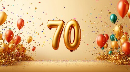 Golden Number 70 Balloons With Confetti Celebration For 70th Birthday Party Background