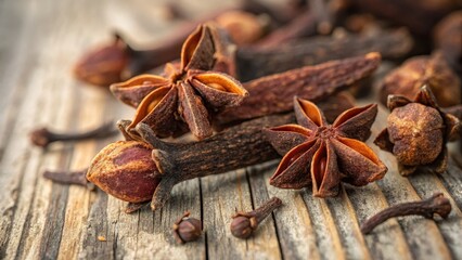 Star Anise and Cloves Macro Photography Aromatic Spices on Wood, spice, aroma, photography