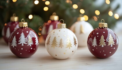 Red and White Christmas Ornaments with Gold Trees