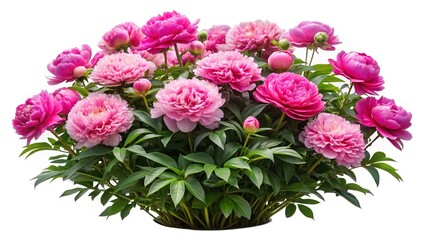 Abundant arrangement of pink peonies with lush green leaves on white background