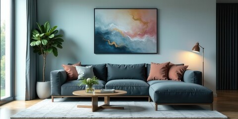 Serene Living Room Interior Design with Sectional Sofa and Abstract Wall Art