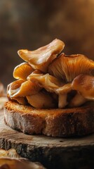 Macro photograph of mushroom toast on rustic background