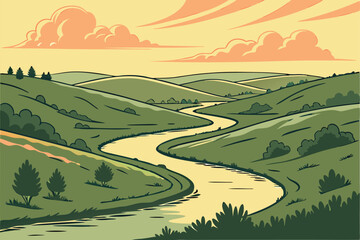 101 winding river through rolling hills, vibrant sunset sky, dreamy landscape, serene nature scene, atmospheric colors, idyllic outdoors, beautiful scenery, scenic vista, tranquil environment, mesmeri