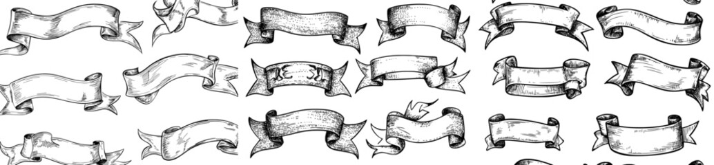 Fototapeta premium Old hand-drawn scroll curve labels or frames and paper-style line elements for emblems are combined with retro ribbons and banner flags in different forms, complete with copy space for text in modern