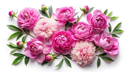 Beautiful arrangement of pink and light pink peonies with lush green leaves